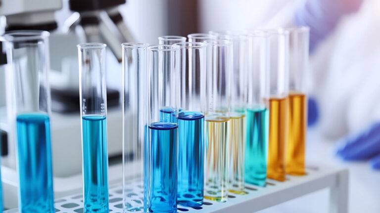 Laboratory with various solvents in glass beakers